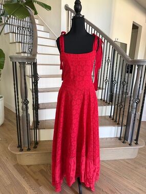Alice and Olivia Red Tie-Shoulder Lace Maxi Dress (Size 6) Stretchy
